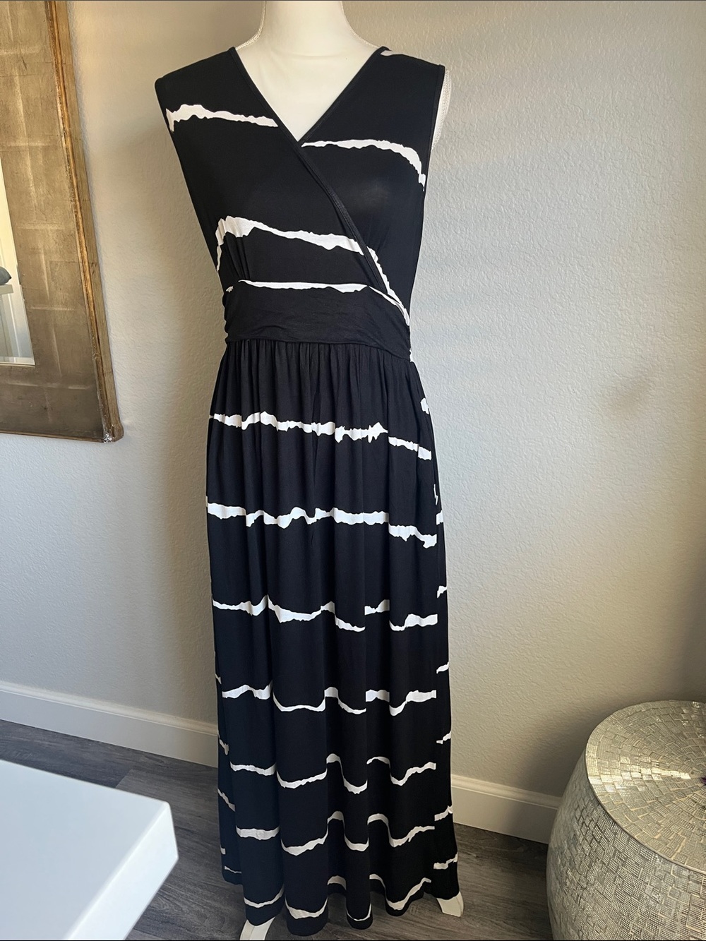 Sleeveless Black Maxi Dress with White Stripe Detail